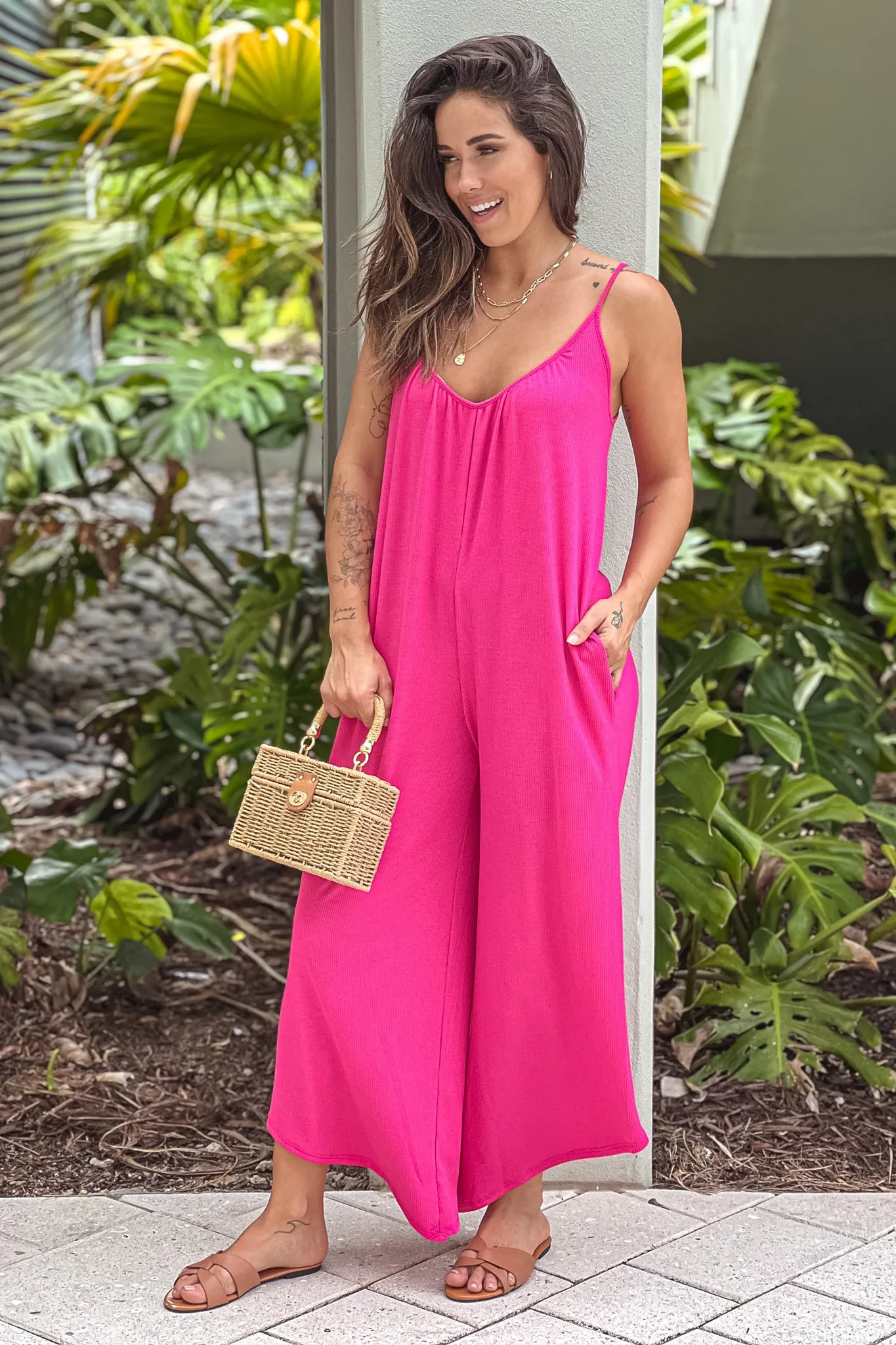 Hot Pink Adjustable Strap Jumpsuit With Pockets