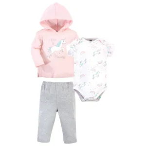 Hudson Baby Cotton Hoodie, Bodysuit or Tee Top and Pant Set, Glitter Unicorn Baby