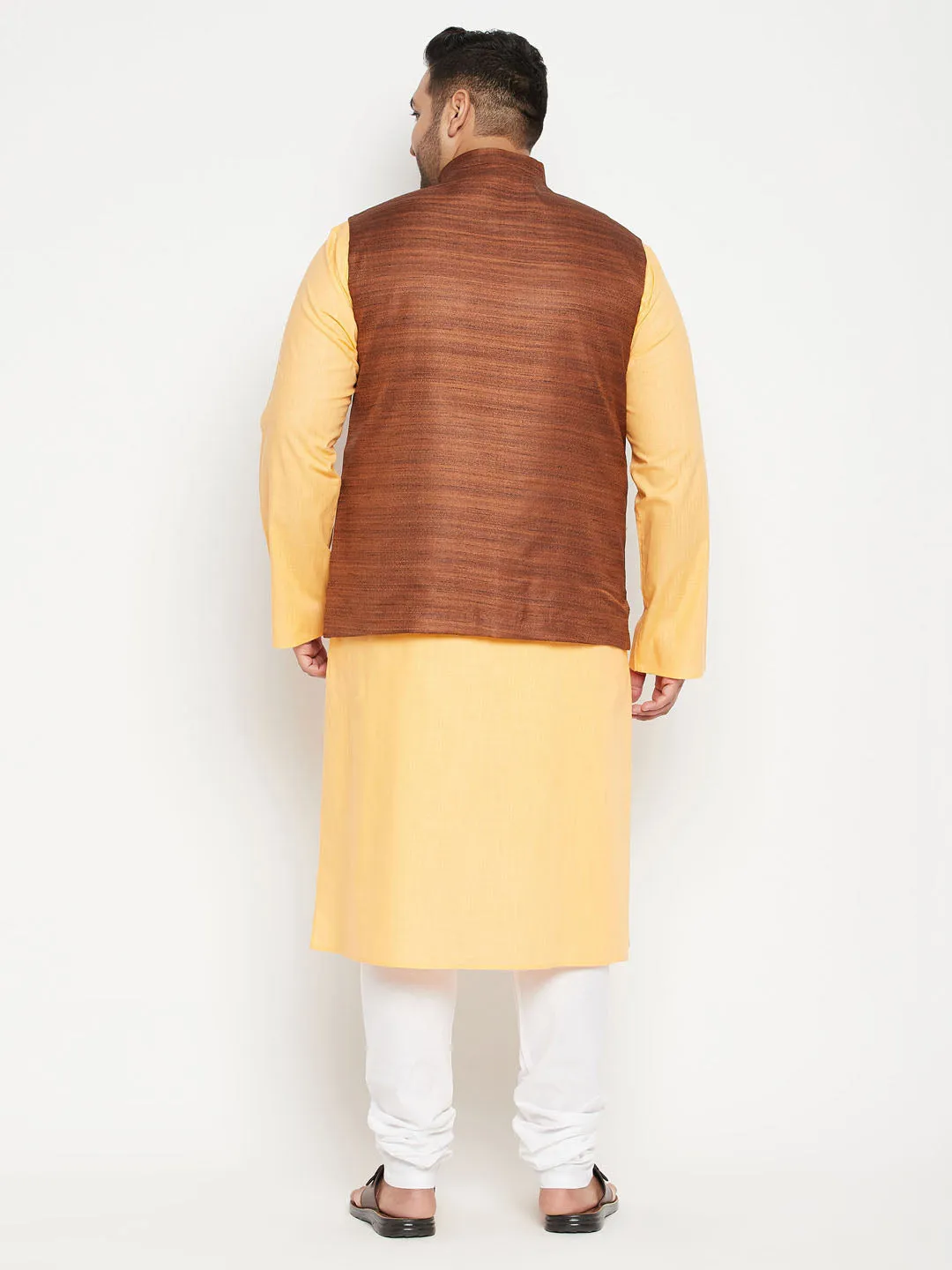 Jashvi Men's Plus Size Fawn and Coffee Brown Cotton Blend Jacket Kurta Pyjama Set