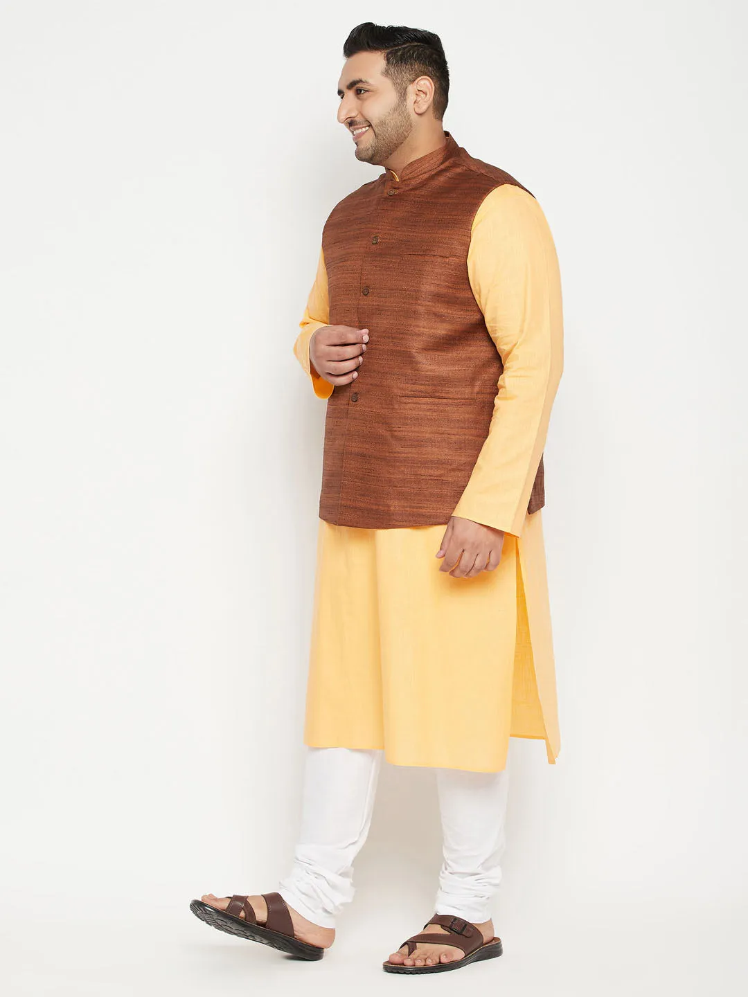 Jashvi Men's Plus Size Fawn and Coffee Brown Cotton Blend Jacket Kurta Pyjama Set