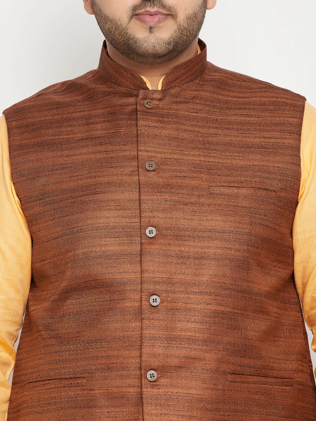 Jashvi Men's Plus Size Fawn and Coffee Brown Cotton Blend Jacket Kurta Pyjama Set