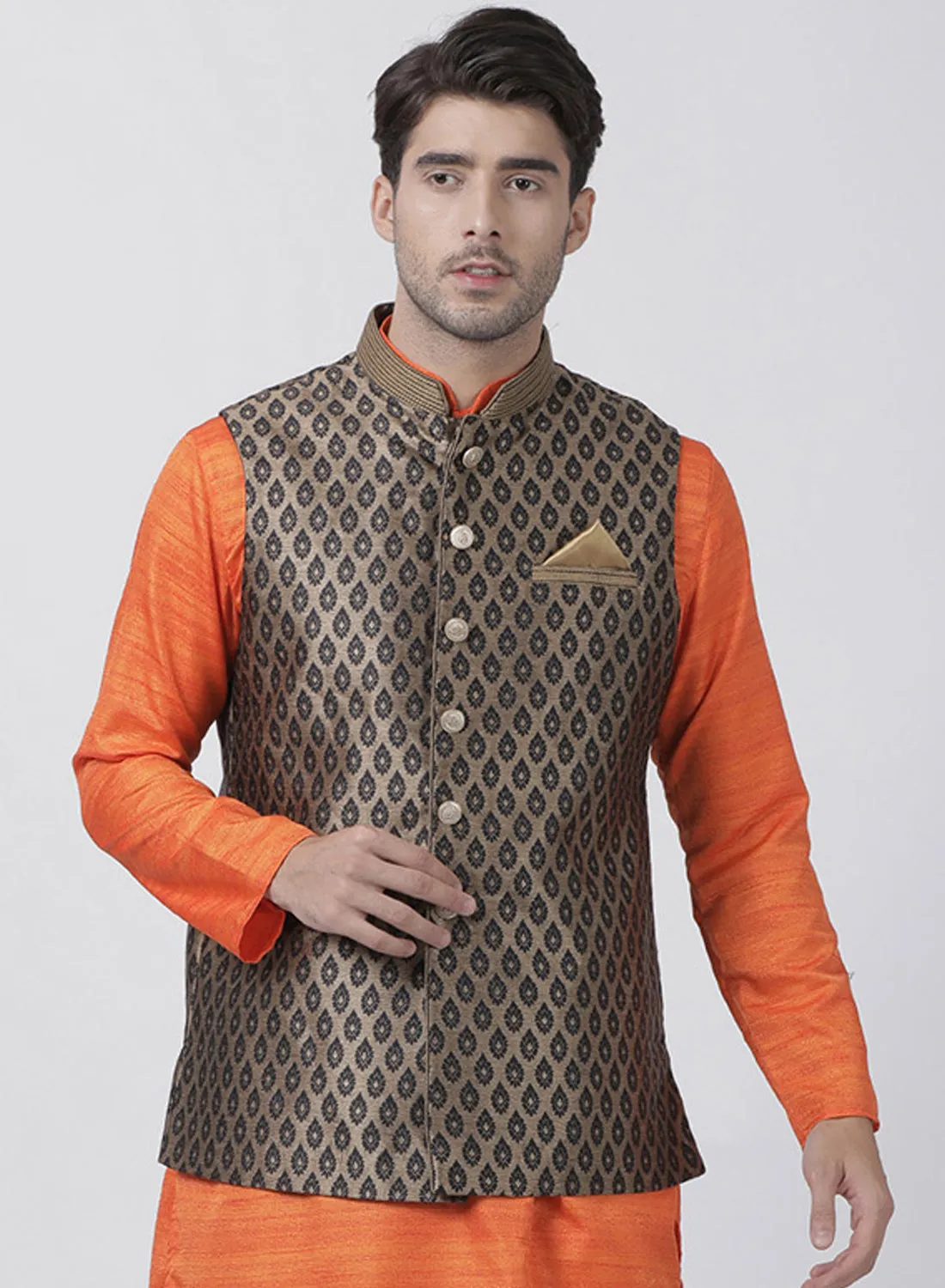 Jashvi Silk Blend Black and Gold Baap Beta Ethnic Jacket