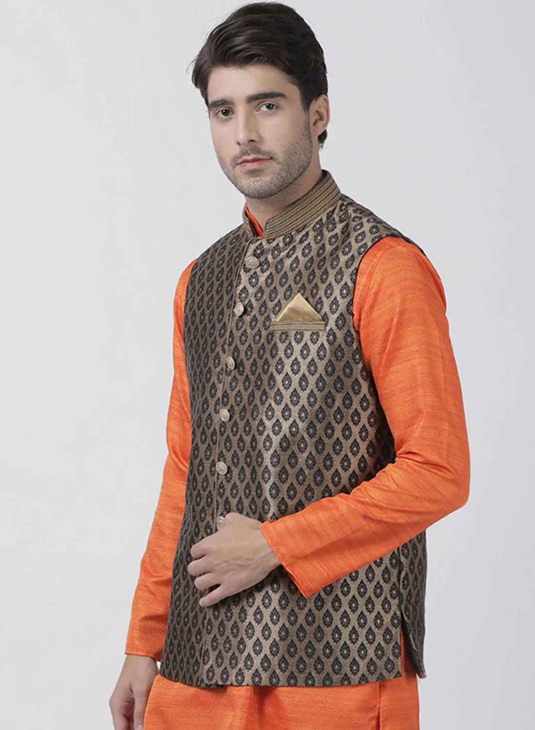 Jashvi Silk Blend Black and Gold Baap Beta Ethnic Jacket