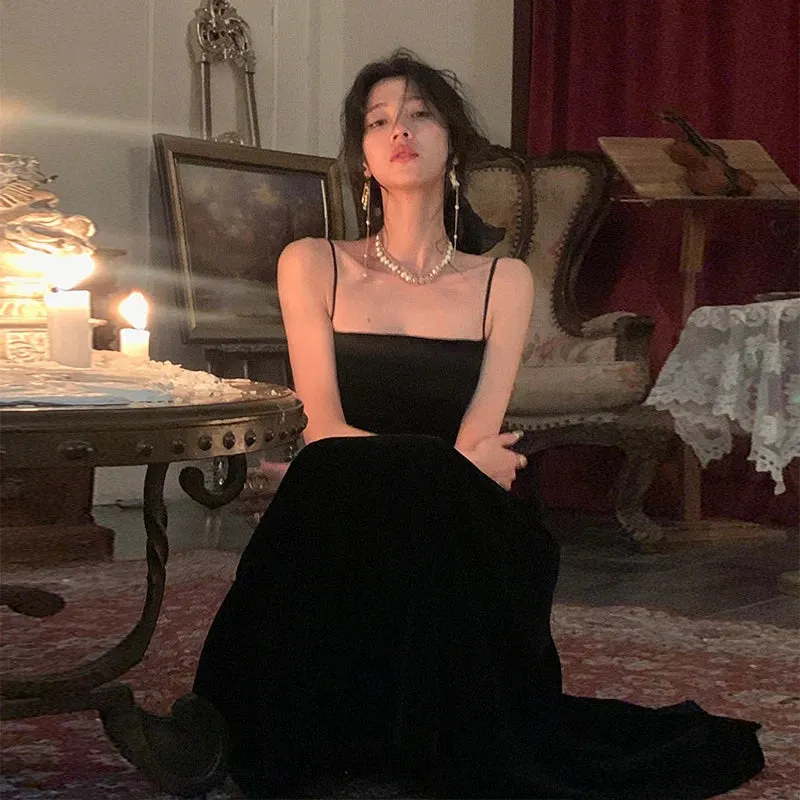 Joskaa French Black Velvet Spaghetti Strap Midi Dresses for Women 2024 Autumn Elegant Party 2-piece A-line Evening Prom Female Clothing