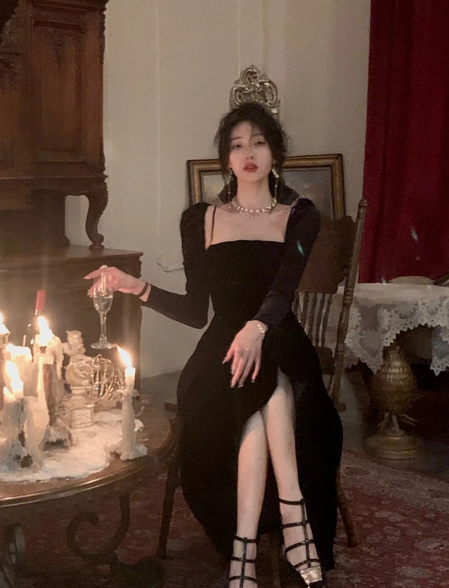 Joskaa French Black Velvet Spaghetti Strap Midi Dresses for Women 2024 Autumn Elegant Party 2-piece A-line Evening Prom Female Clothing
