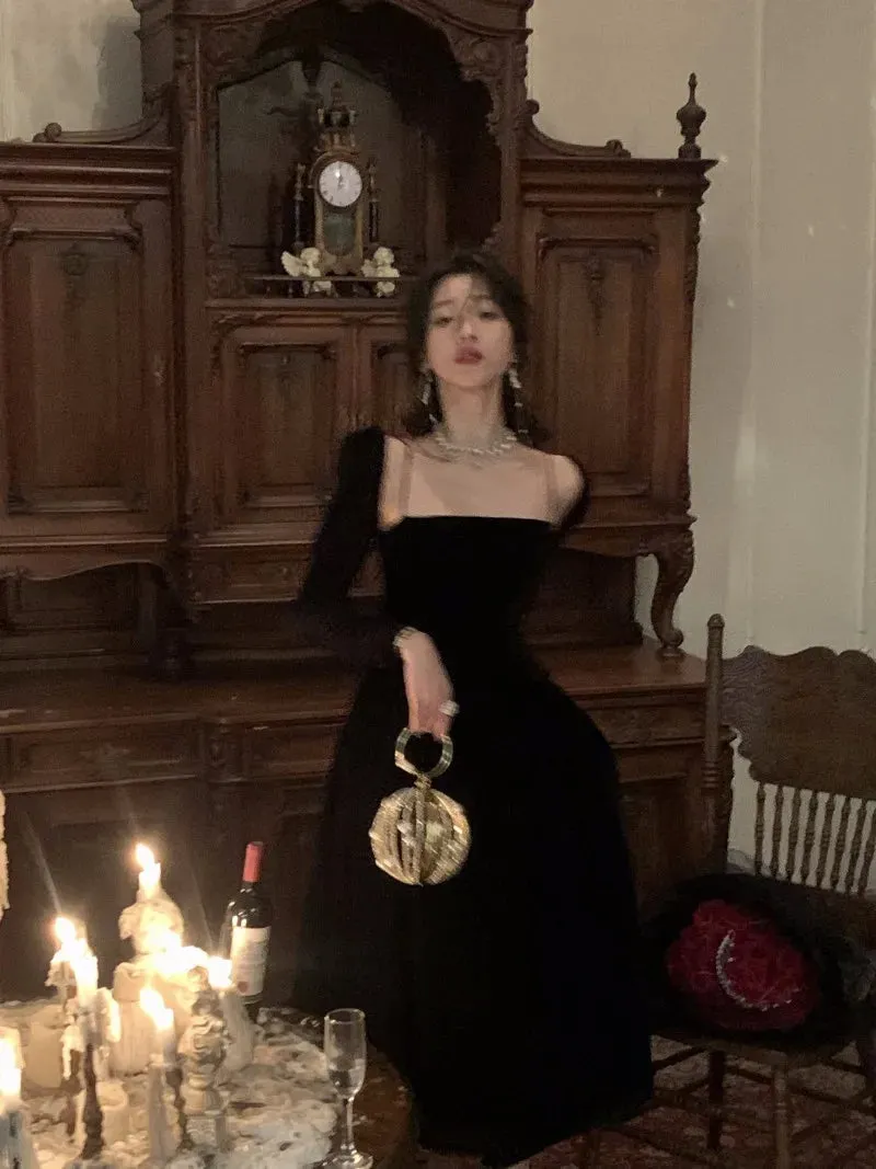 Joskaa French Black Velvet Spaghetti Strap Midi Dresses for Women 2024 Autumn Elegant Party 2-piece A-line Evening Prom Female Clothing
