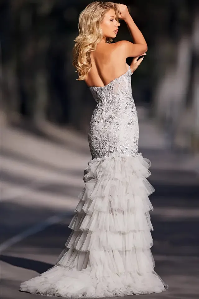 Jovani 38489 Long Prom Dress Silver Corset Embellished Ruffle Skirt Lace Formal Gown Pageant