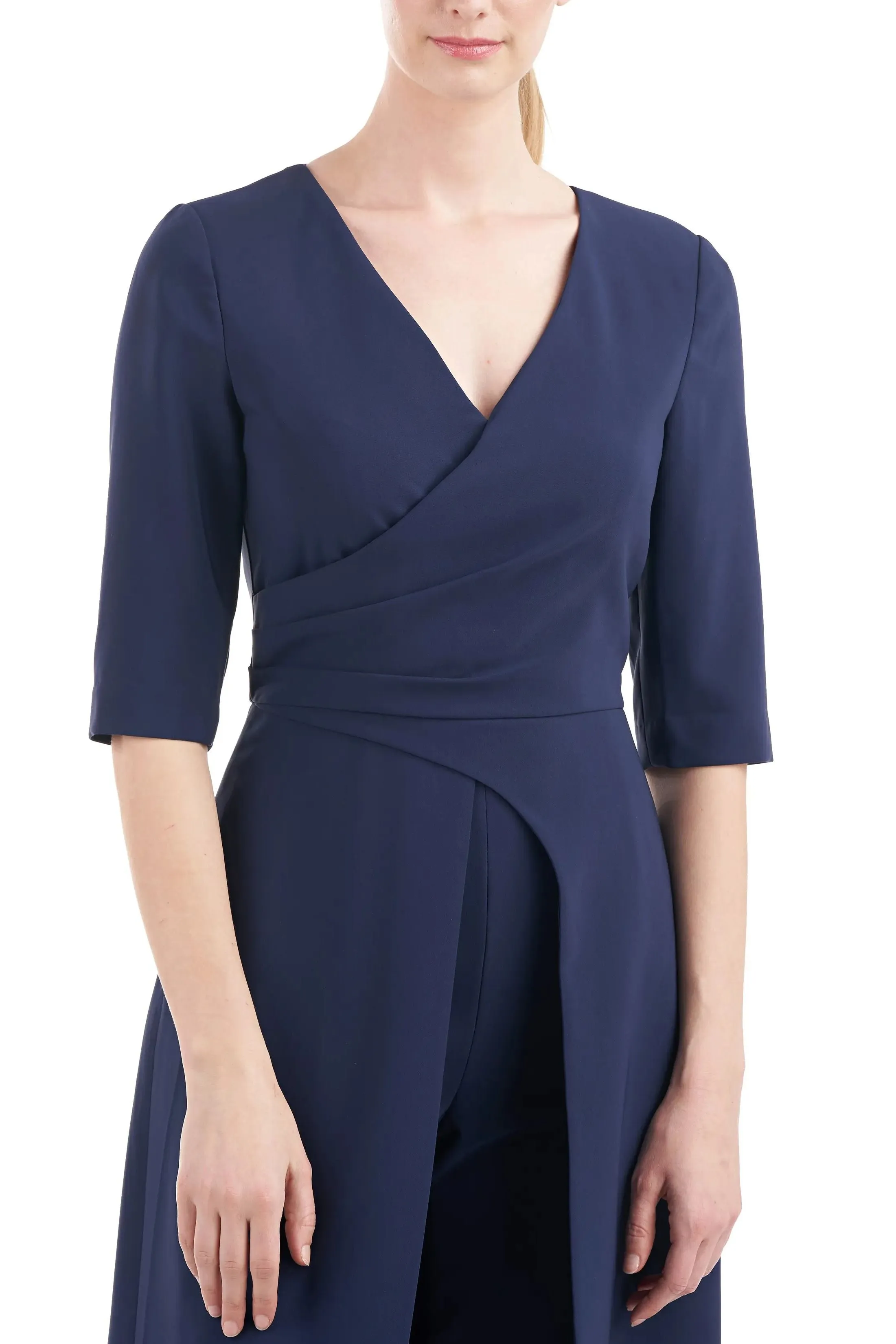 Kay Unger V-Neck 3/4 Sleeve Solid Zipper Back Full-length skirt with walk-through front cutout Crepe