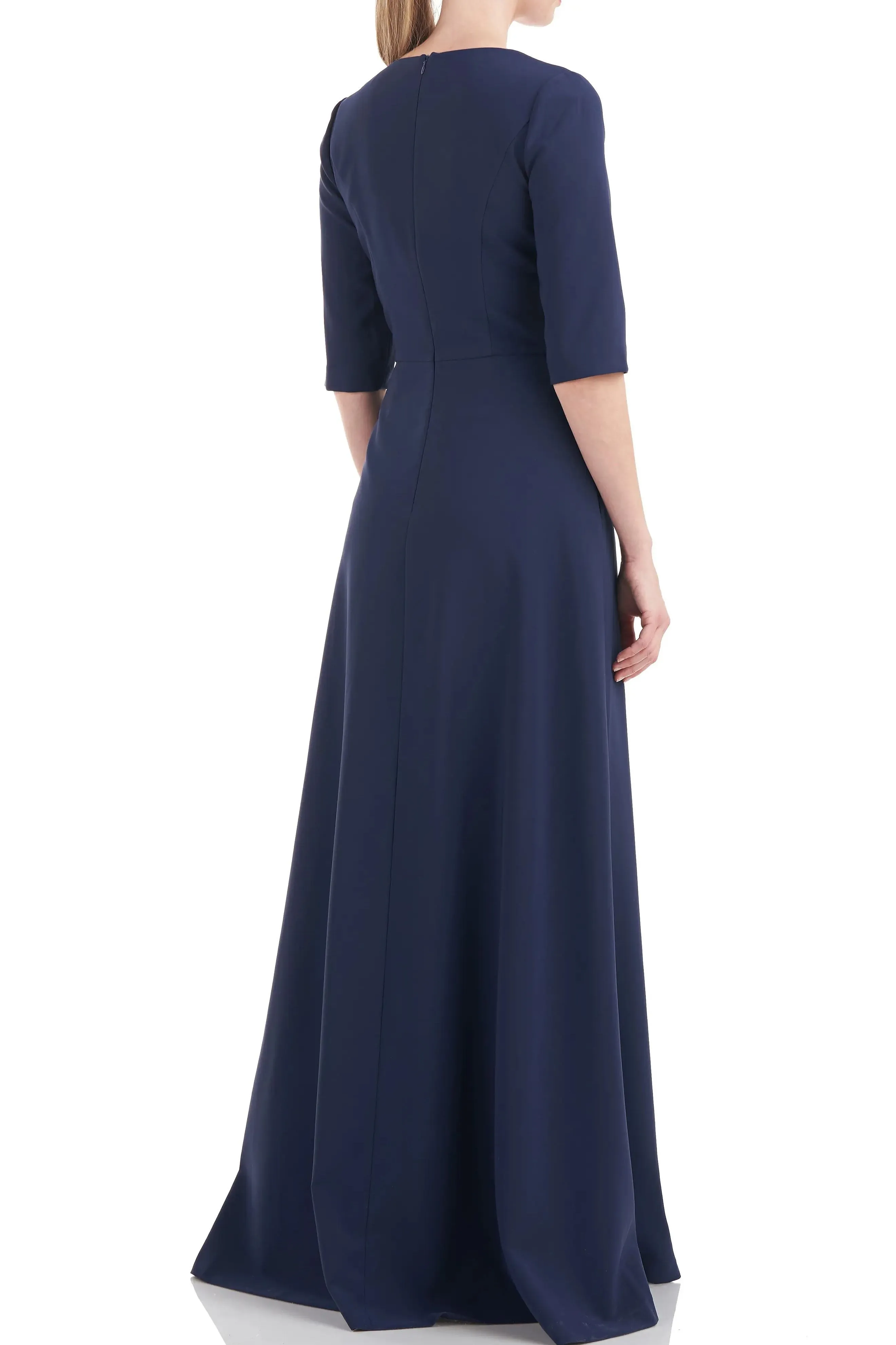 Kay Unger V-Neck 3/4 Sleeve Solid Zipper Back Full-length skirt with walk-through front cutout Crepe