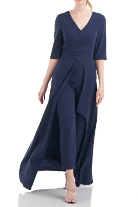 Kay Unger V-Neck 3/4 Sleeve Solid Zipper Back Full-length skirt with walk-through front cutout Crepe