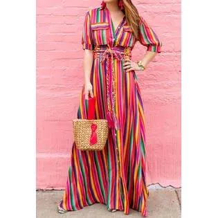 Ketty More Women Colorful Stripes Fasten Tie Long Dress-KMWC13519