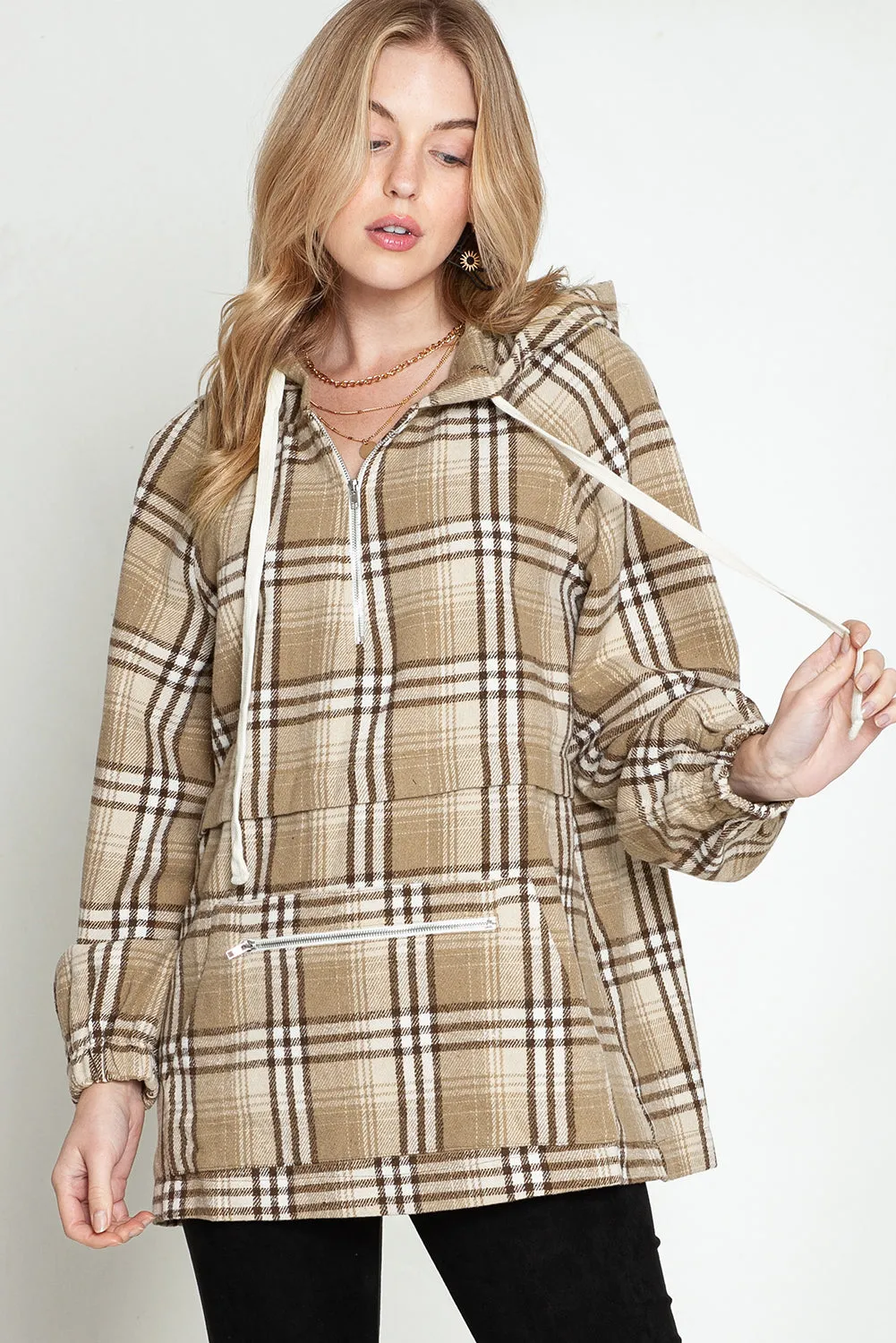 Khaki Plaid Kangaroo Pocket Zipped Hoodie