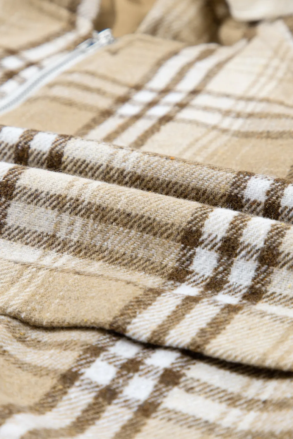 Khaki Plaid Kangaroo Pocket Zipped Hoodie