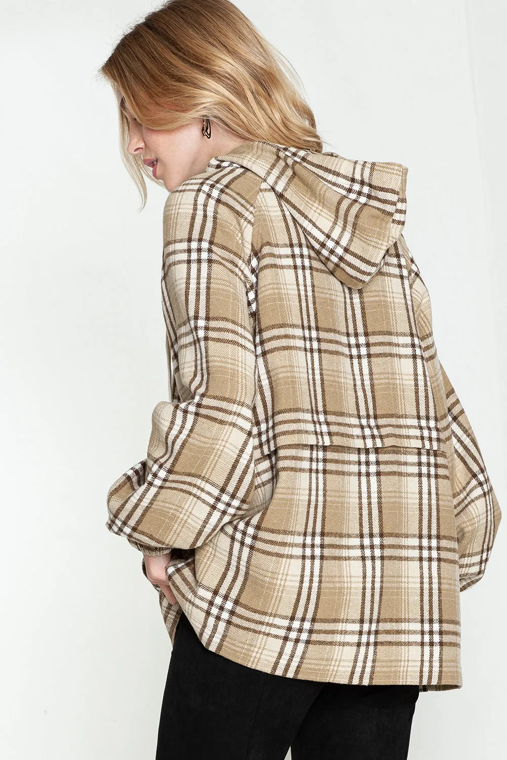 Khaki Plaid Kangaroo Pocket Zipped Hoodie