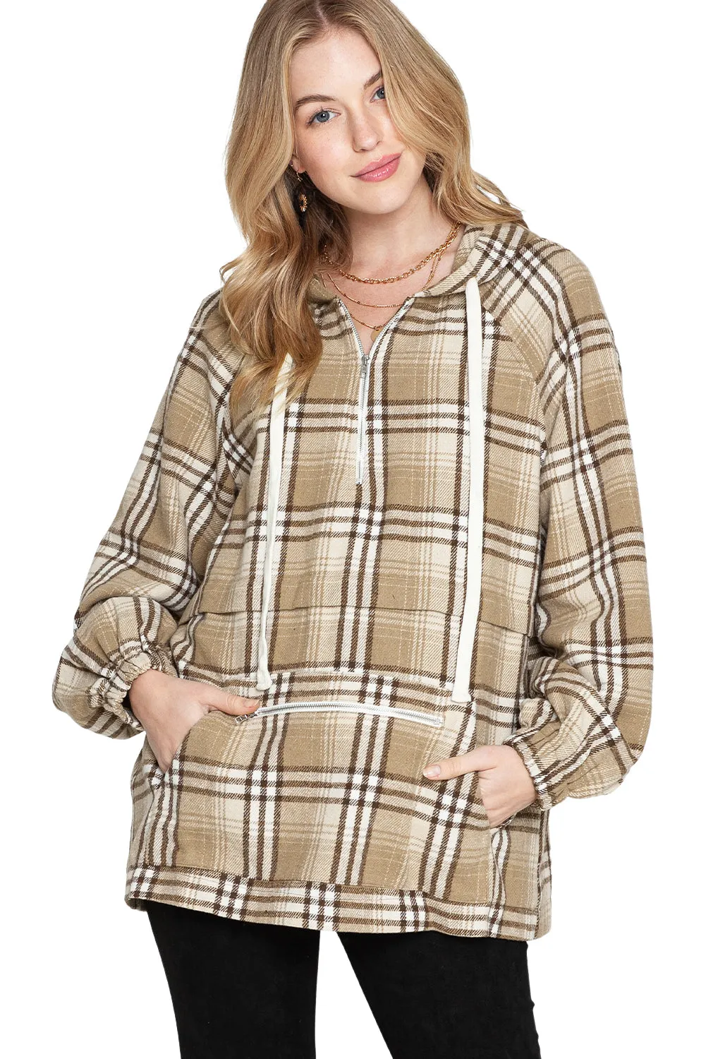 Khaki Plaid Kangaroo Pocket Zipped Hoodie