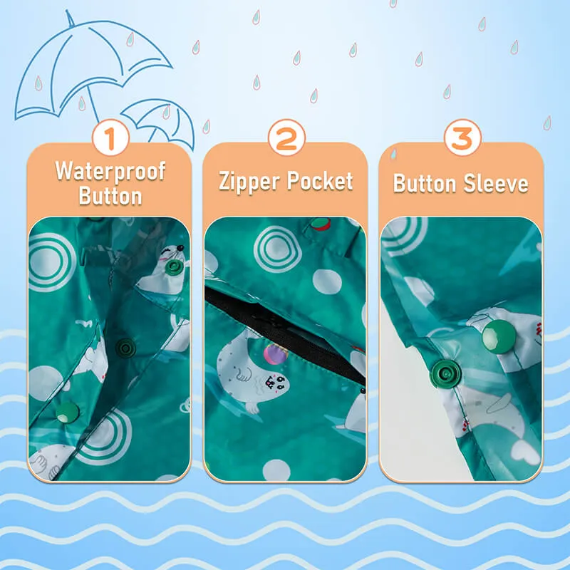 Kids Waterproof Rain Poncho Coat with Color Matched Storage Bag
