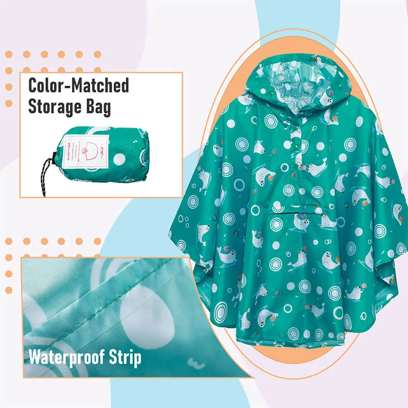 Kids Waterproof Rain Poncho Coat with Color Matched Storage Bag