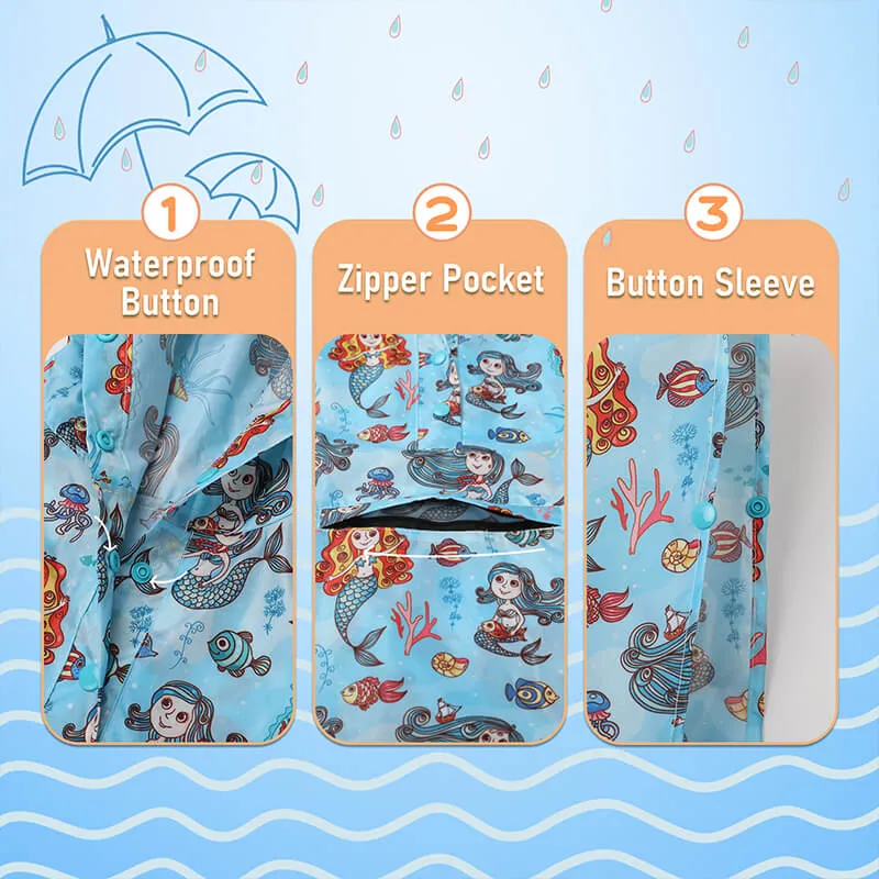 Kids Waterproof Rain Poncho Coat with Color Matched Storage Bag