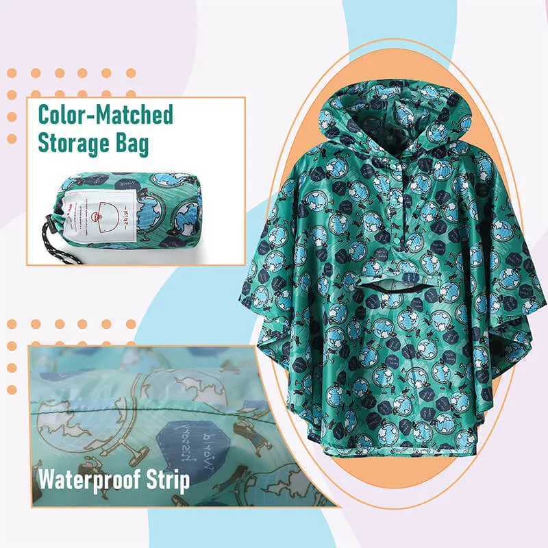 Kids Waterproof Rain Poncho Coat with Color Matched Storage Bag
