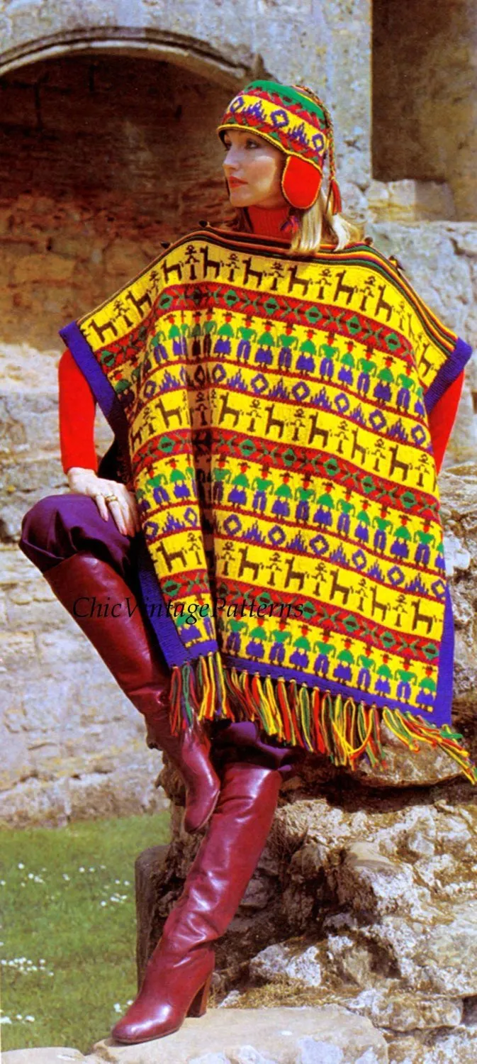 Knitted Ladies Poncho Pattern, Fringed Peruvian Style Ladies Poncho and Hat, Instant Download