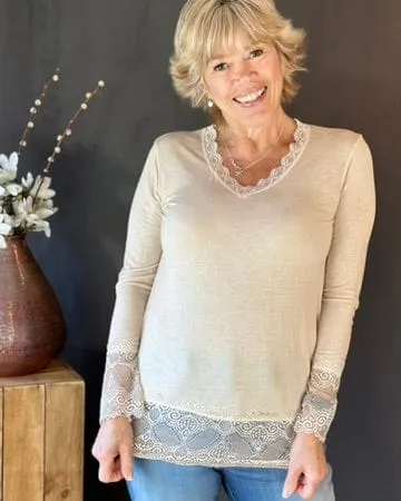 Lace Detail Long Sleeved Top - Beige