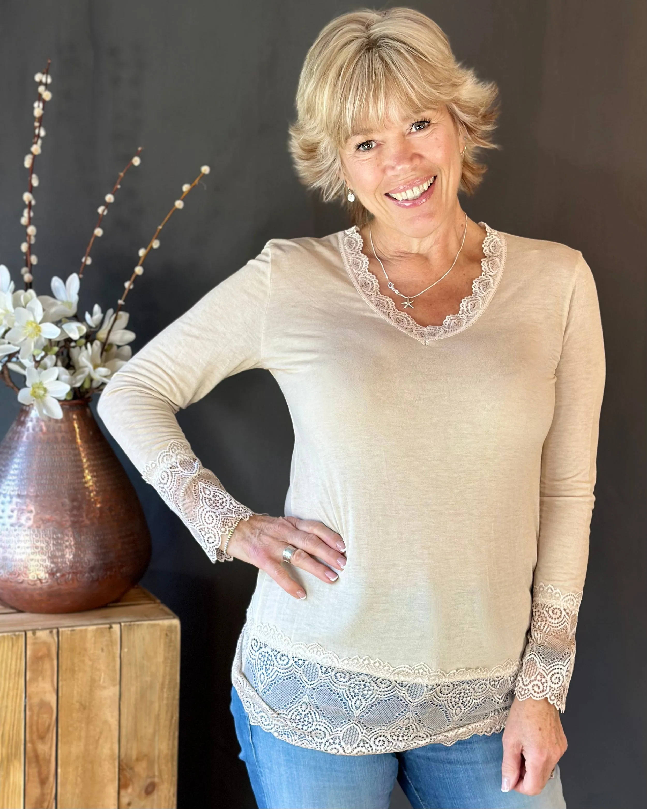 Lace Detail Long Sleeved Top - Beige