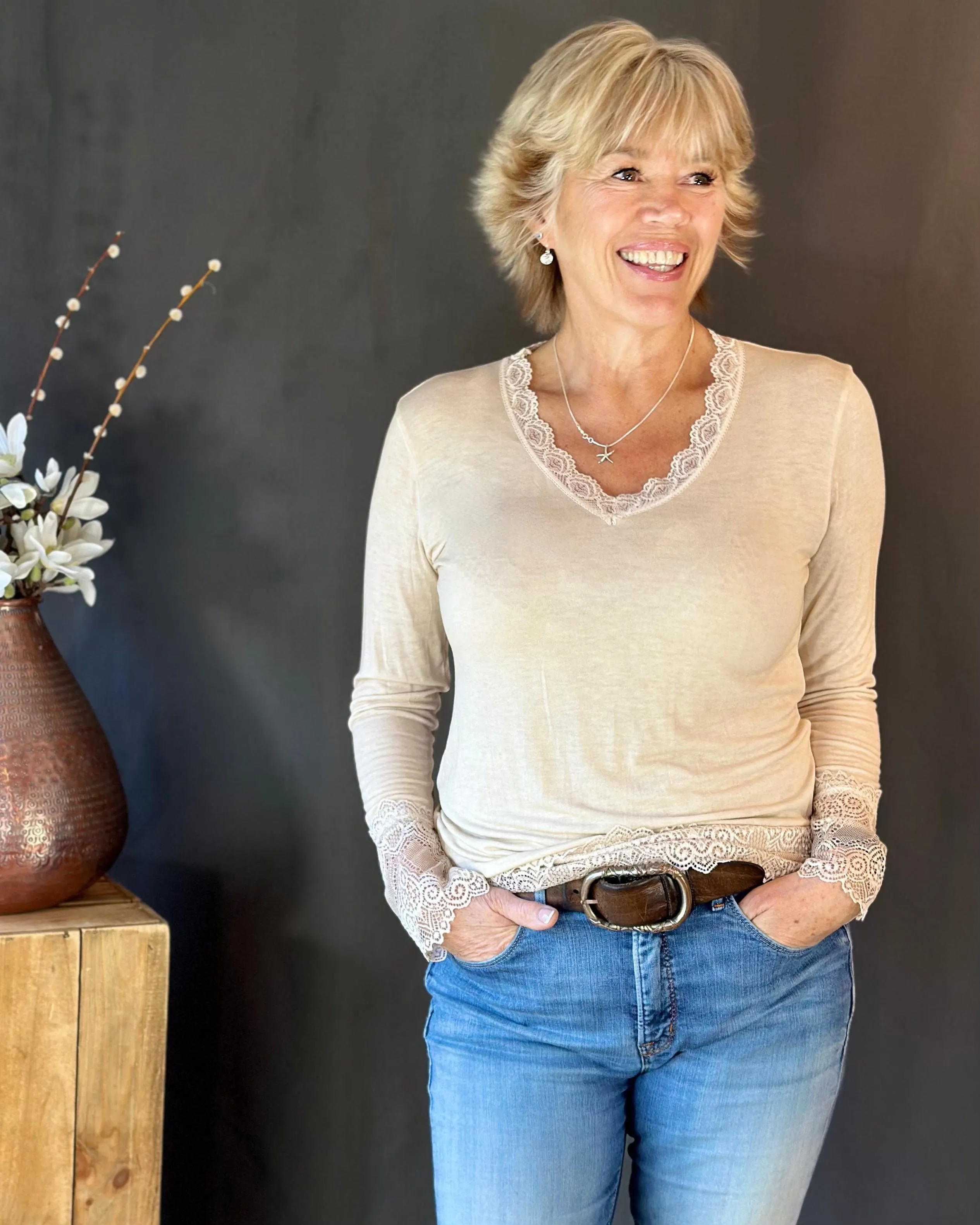 Lace Detail Long Sleeved Top - Beige