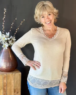 Lace Detail Long Sleeved Top - Beige