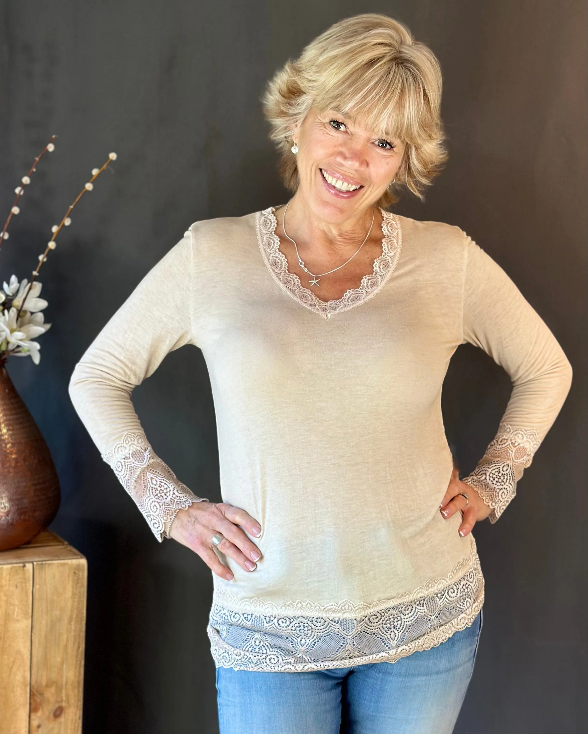 Lace Detail Long Sleeved Top - Beige