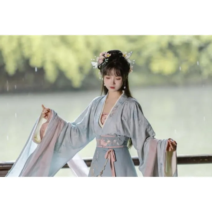 Long-Sleeve V-Neck Floral Embroidered Hanfu Top / Plain Top / High Waist Midi A-Line Skirt / Camisole / Shawl / Waist Skirt / Braid / Set