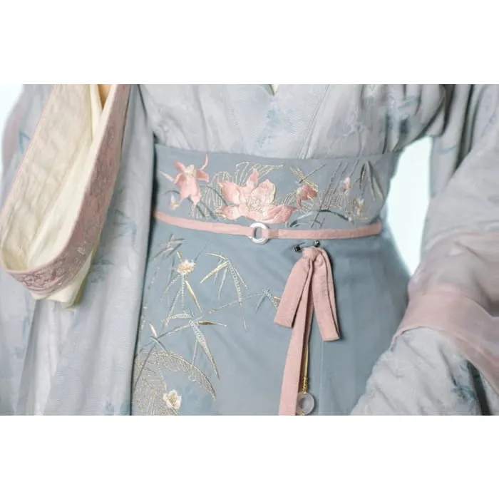 Long-Sleeve V-Neck Floral Embroidered Hanfu Top / Plain Top / High Waist Midi A-Line Skirt / Camisole / Shawl / Waist Skirt / Braid / Set