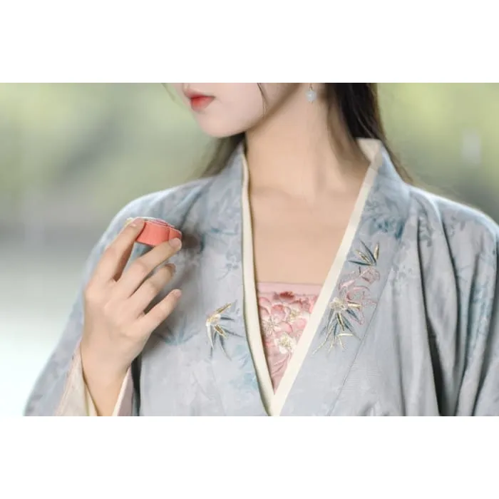 Long-Sleeve V-Neck Floral Embroidered Hanfu Top / Plain Top / High Waist Midi A-Line Skirt / Camisole / Shawl / Waist Skirt / Braid / Set