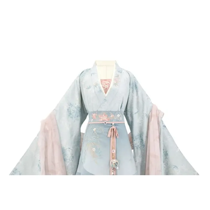 Long-Sleeve V-Neck Floral Embroidered Hanfu Top / Plain Top / High Waist Midi A-Line Skirt / Camisole / Shawl / Waist Skirt / Braid / Set