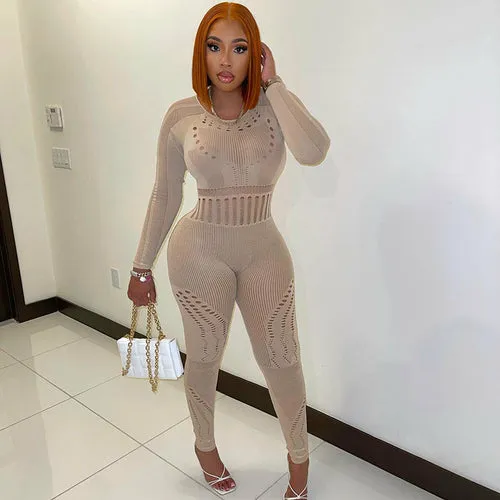 long-sleeved tight-fitting hollow perspective jumpsuit