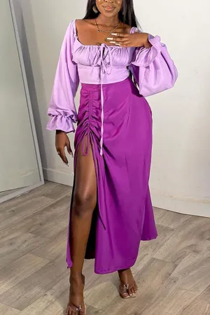 Low Cut Crop Top Drawstring Slit Skirt Suits