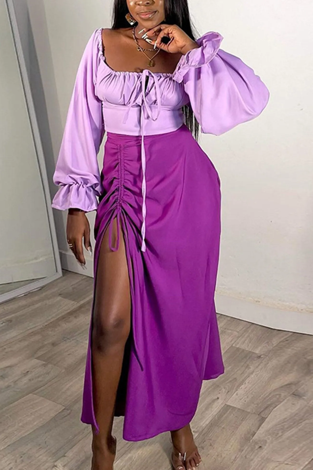 Low Cut Crop Top Drawstring Slit Skirt Suits