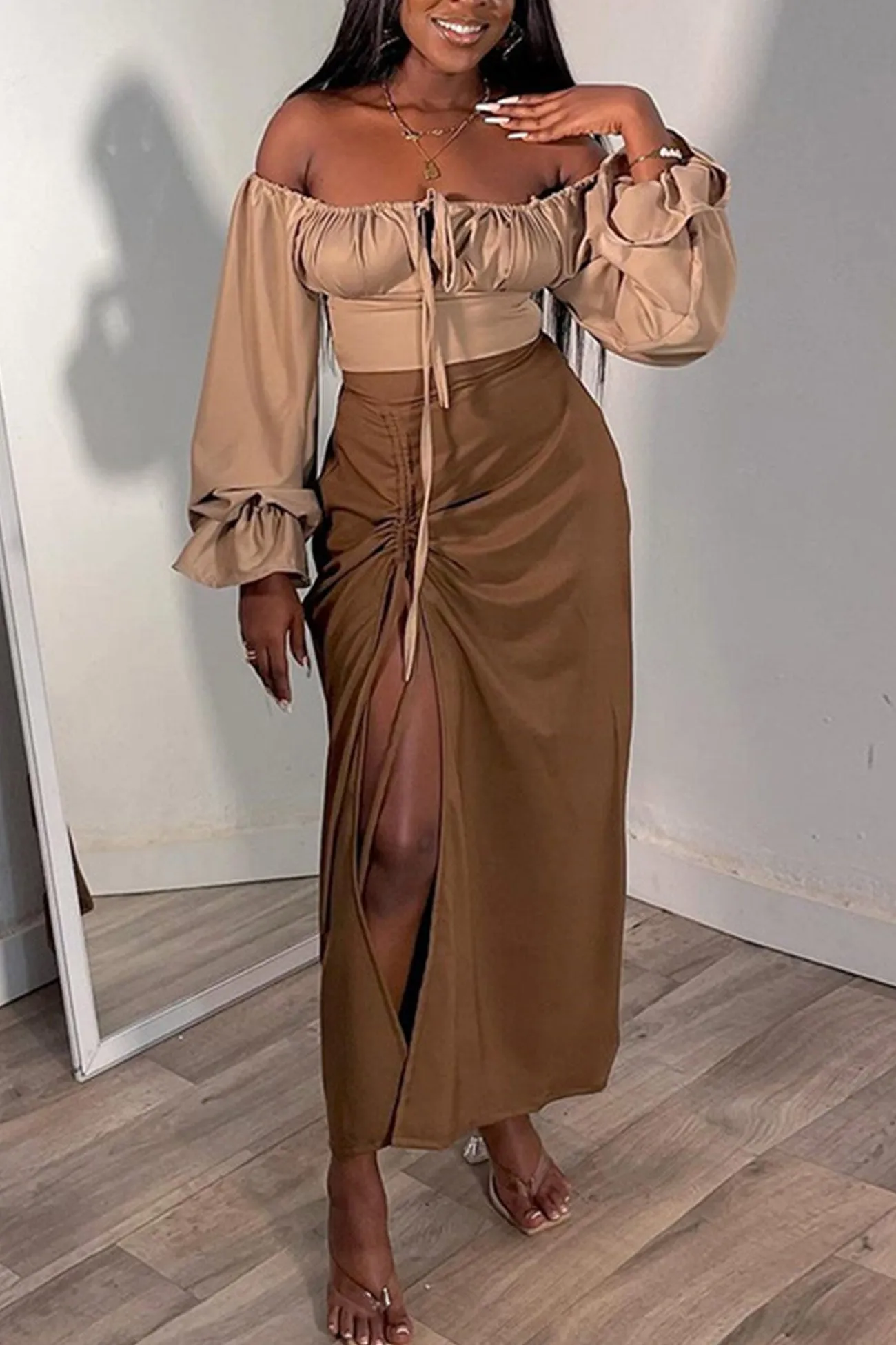 Low Cut Crop Top Drawstring Slit Skirt Suits