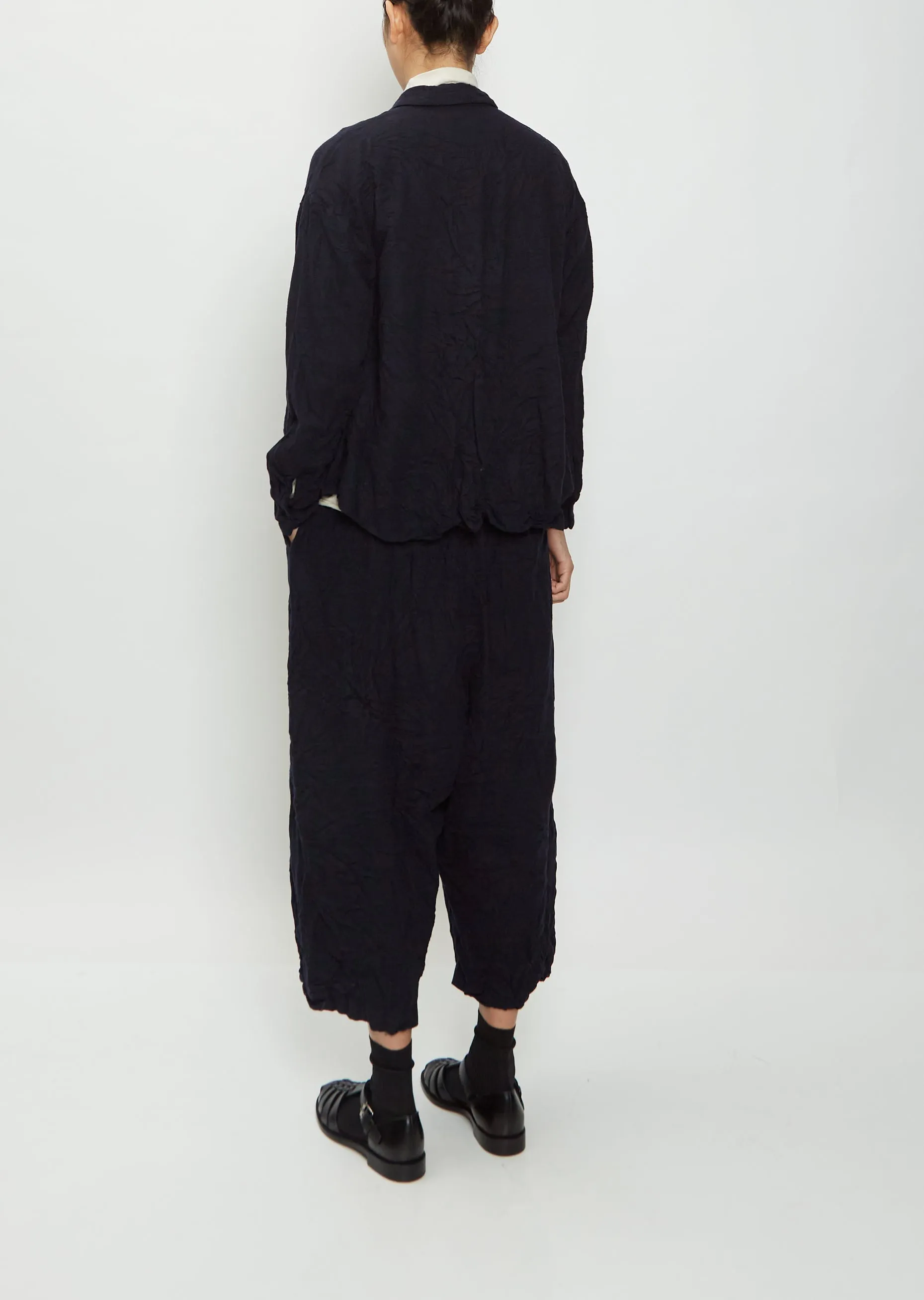 Mandarin Collar Button-Up Wool Blouse