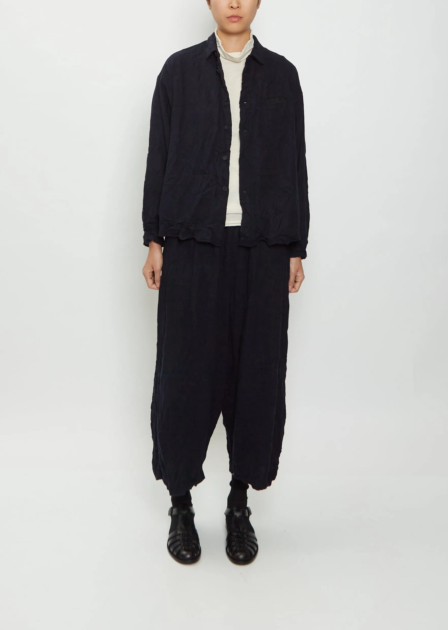 Mandarin Collar Button-Up Wool Blouse