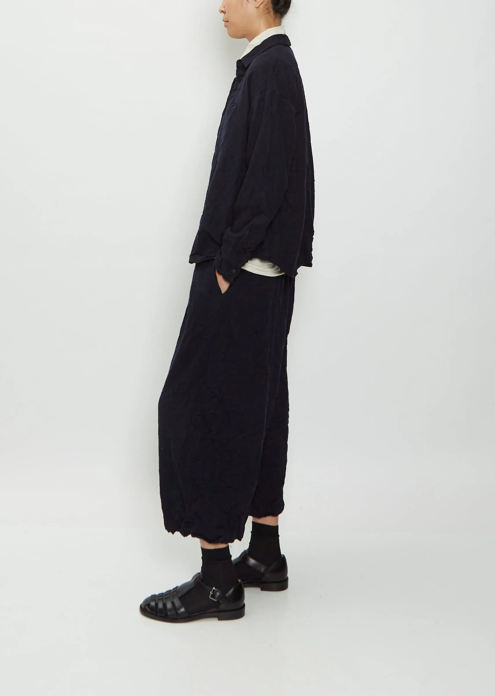 Mandarin Collar Button-Up Wool Blouse