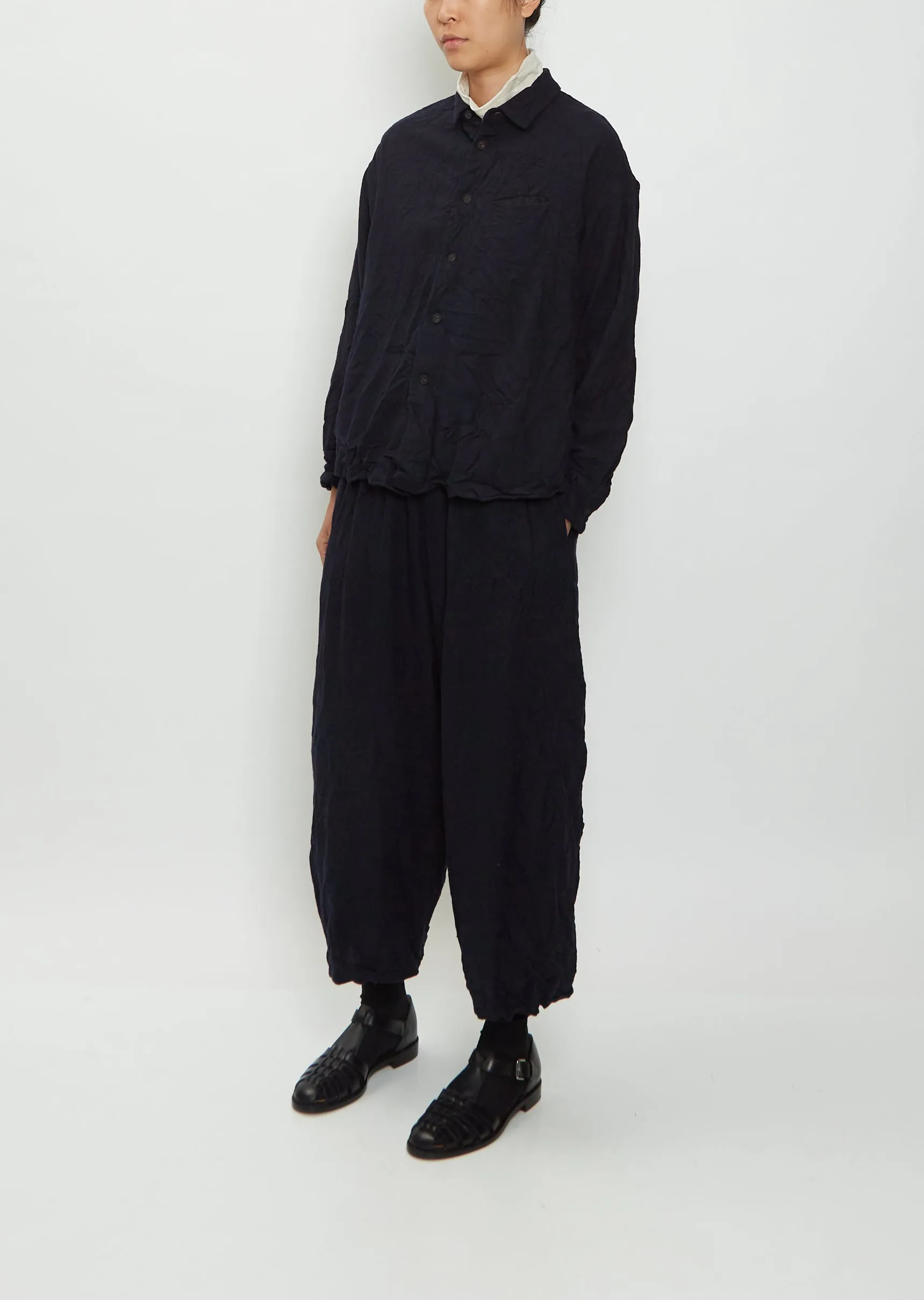 Mandarin Collar Button-Up Wool Blouse