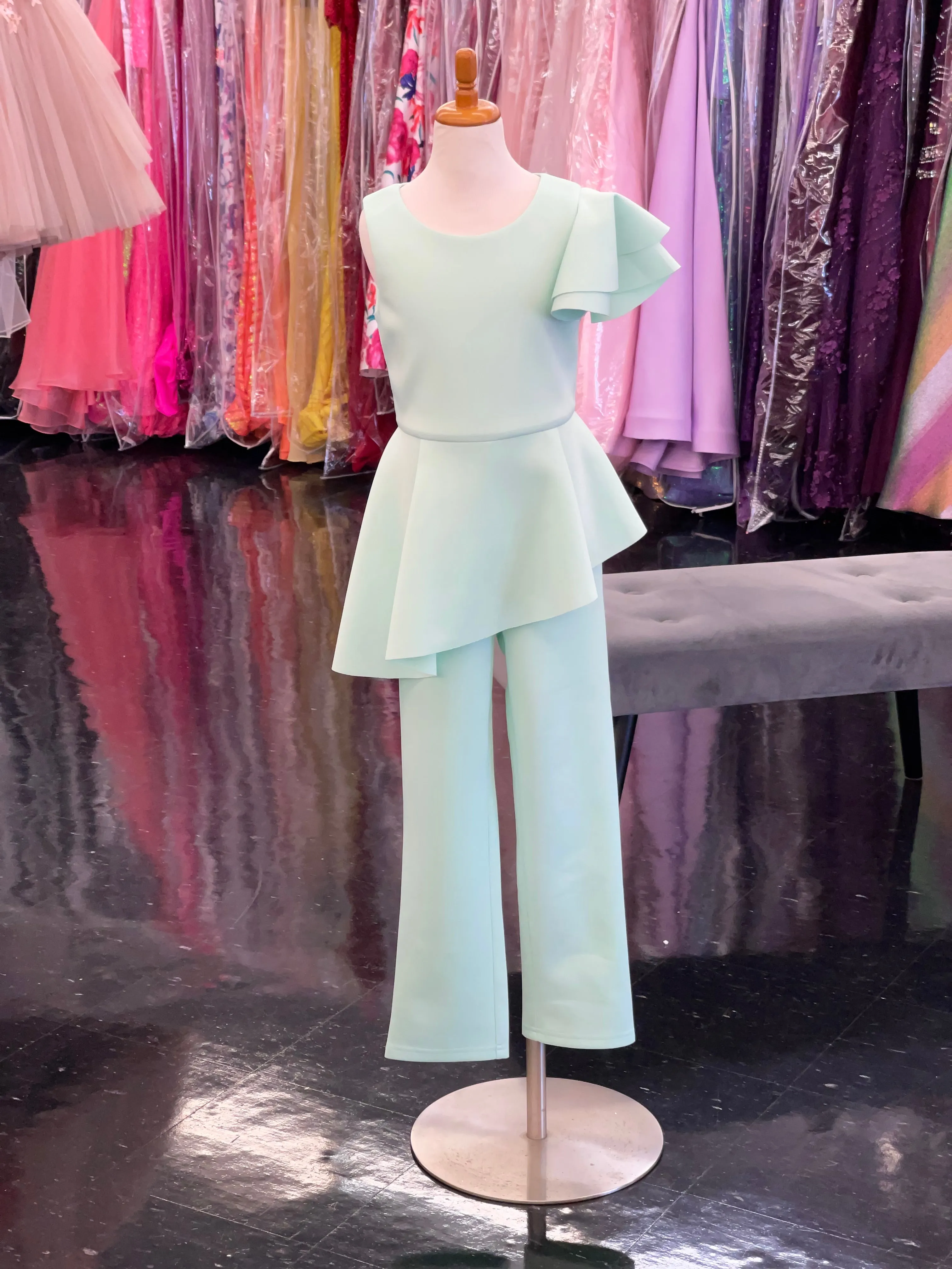 Marc Defang 8117k girls pageant interview jumpsuit peplum skirt with one shoulder ruffle