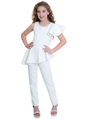 Marc Defang 8117k girls pageant interview jumpsuit peplum skirt with one shoulder ruffle