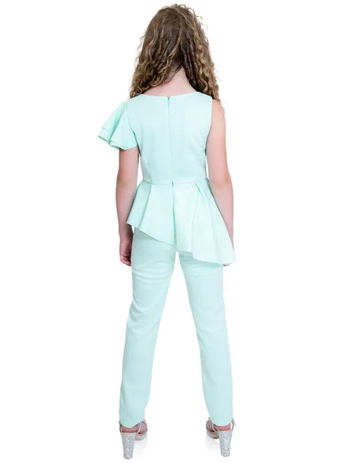 Marc Defang 8117k girls pageant interview jumpsuit peplum skirt with one shoulder ruffle
