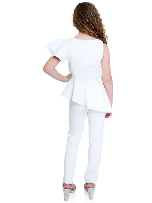 Marc Defang 8117k girls pageant interview jumpsuit peplum skirt with one shoulder ruffle