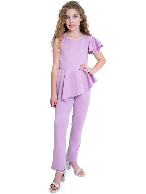 Marc Defang 8117k girls pageant interview jumpsuit peplum skirt with one shoulder ruffle