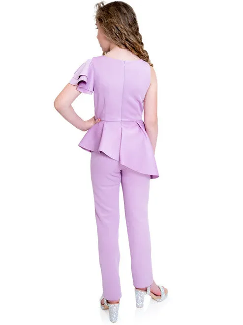 Marc Defang 8117k girls pageant interview jumpsuit peplum skirt with one shoulder ruffle