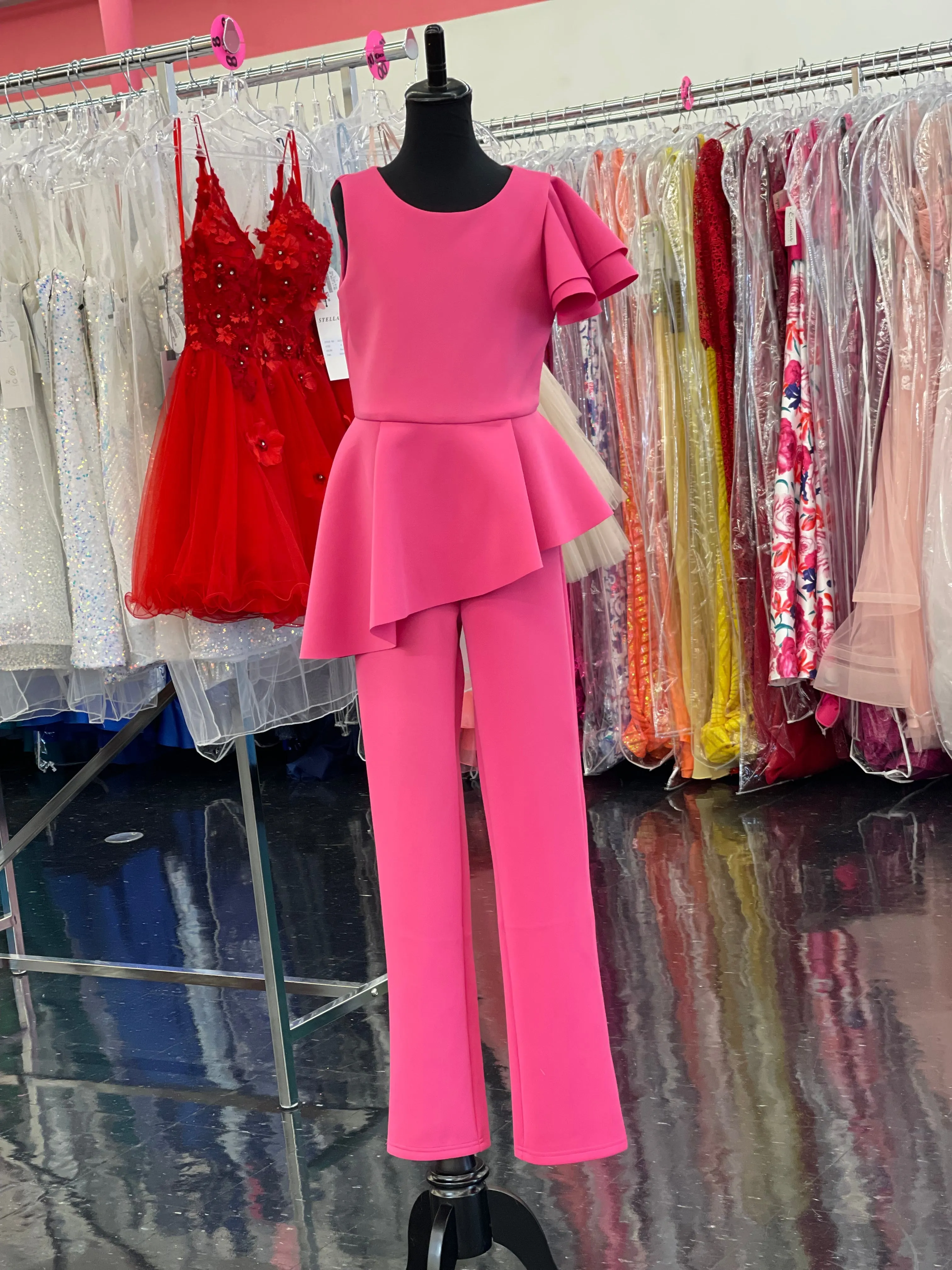 Marc Defang 8117k girls pageant interview jumpsuit peplum skirt with one shoulder ruffle
