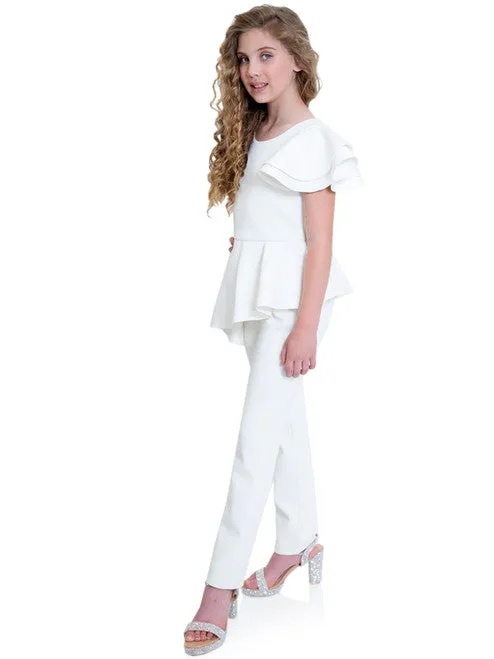 Marc Defang 8117k girls pageant interview jumpsuit peplum skirt with one shoulder ruffle