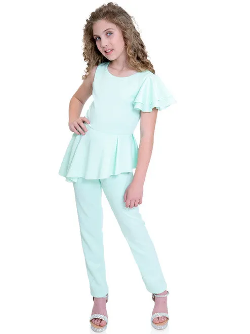 Marc Defang 8117k girls pageant interview jumpsuit peplum skirt with one shoulder ruffle